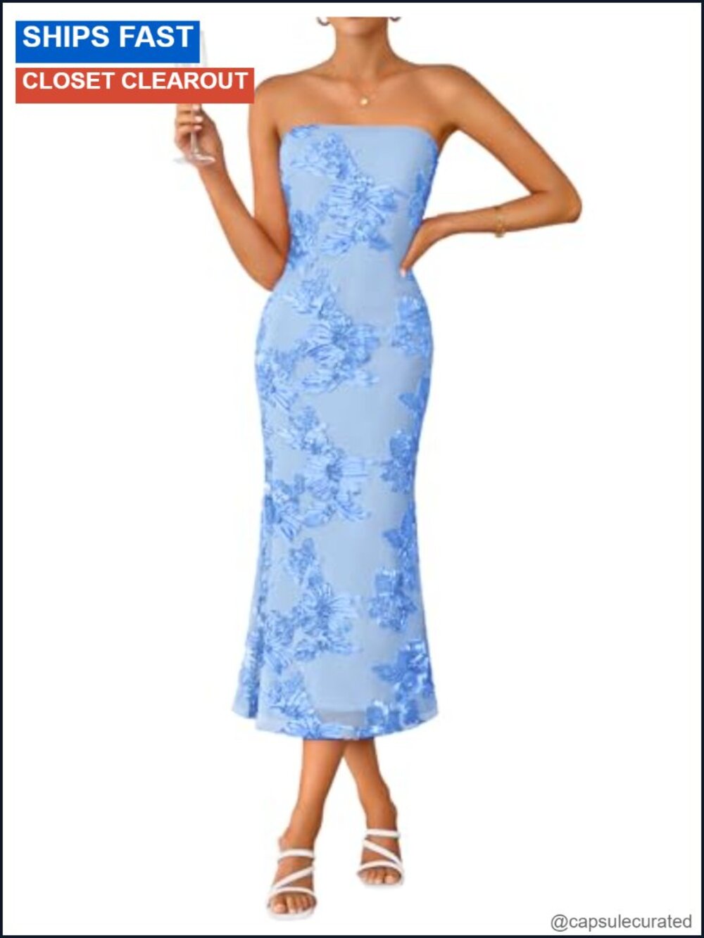 Strapless Floral Mesh Midi Dress Off Shoulder Bodycon Cocktail Wedding Guest